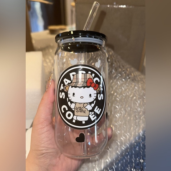 Accessories - 16 oz Glass cup with hello kitty UV DTF design